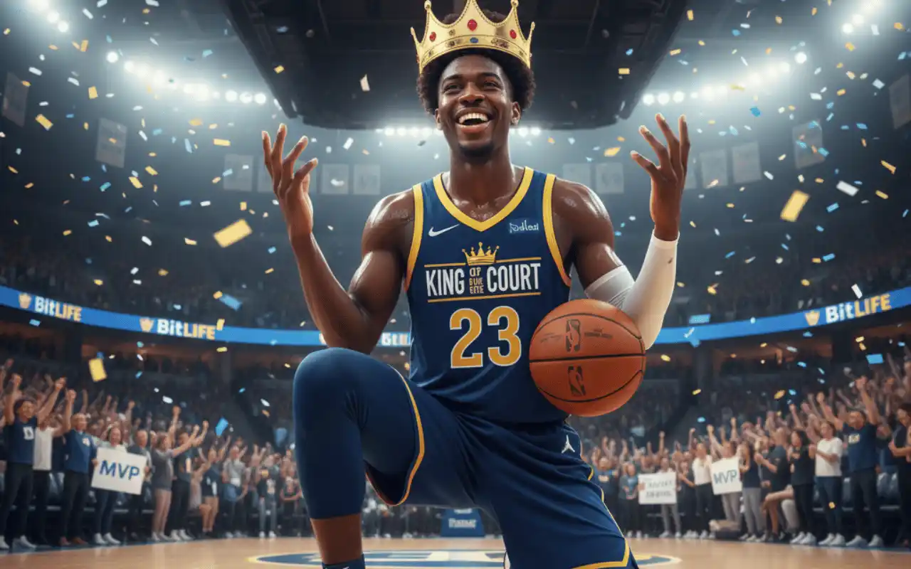 King of the court challenge in bitlife | In this image you can see the king of basket ball player with a crown on his head and audience claps for him in background