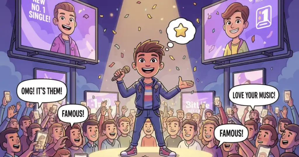 A famous cartoon character in his music concert among his fans and also his bilboard is there that shows how famous singer he is in bitlife